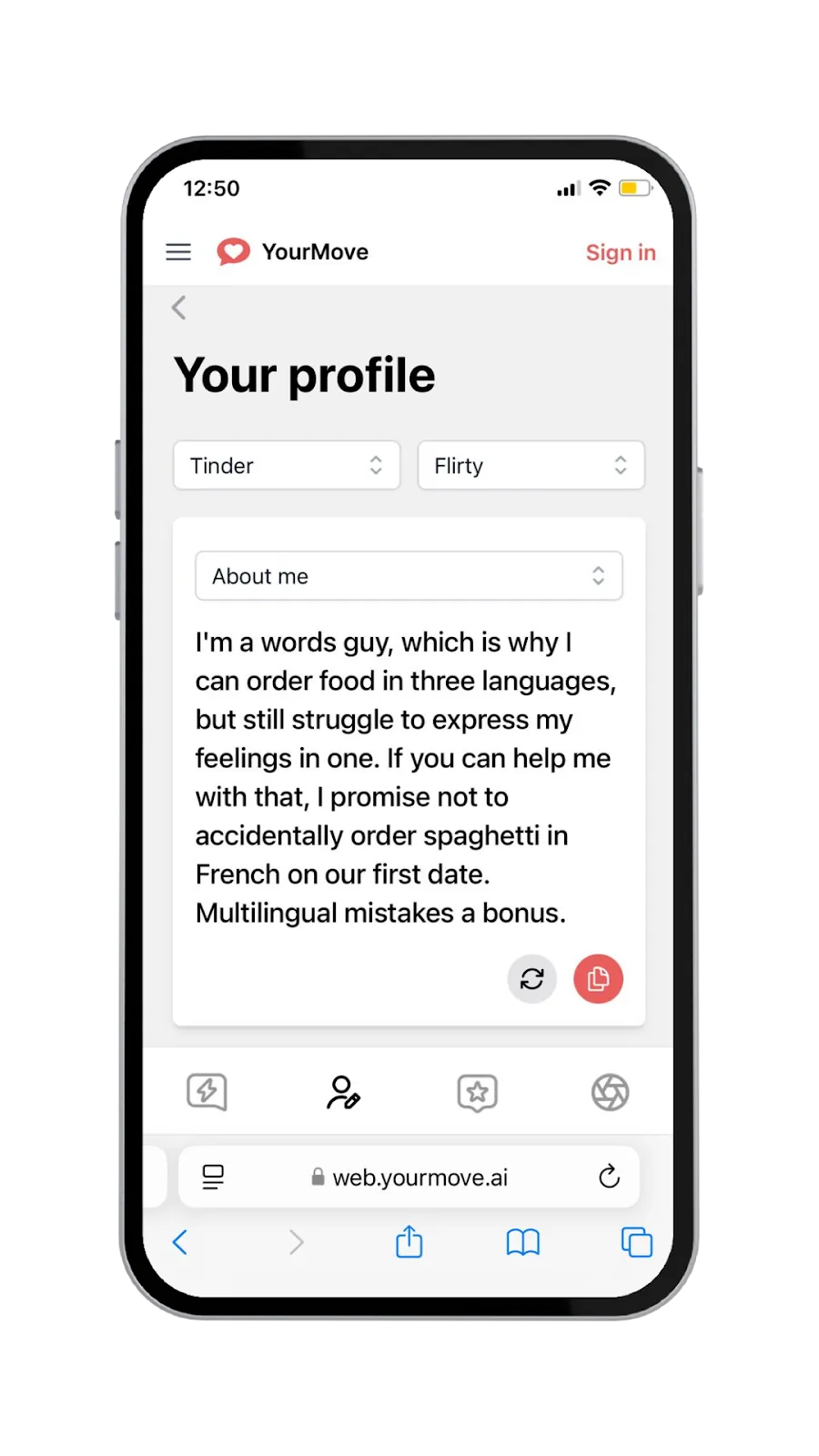 A screenshot of the user-interface of YourMove AI’s free Tinder bio generator tool.