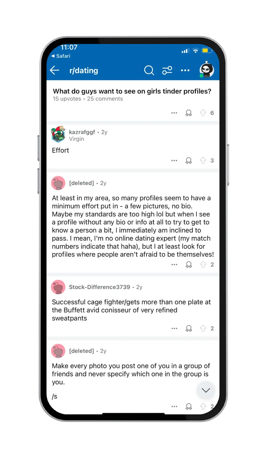A screenshot showing a male Reddit user’s testimonial on the importance of women’s Tinder bios