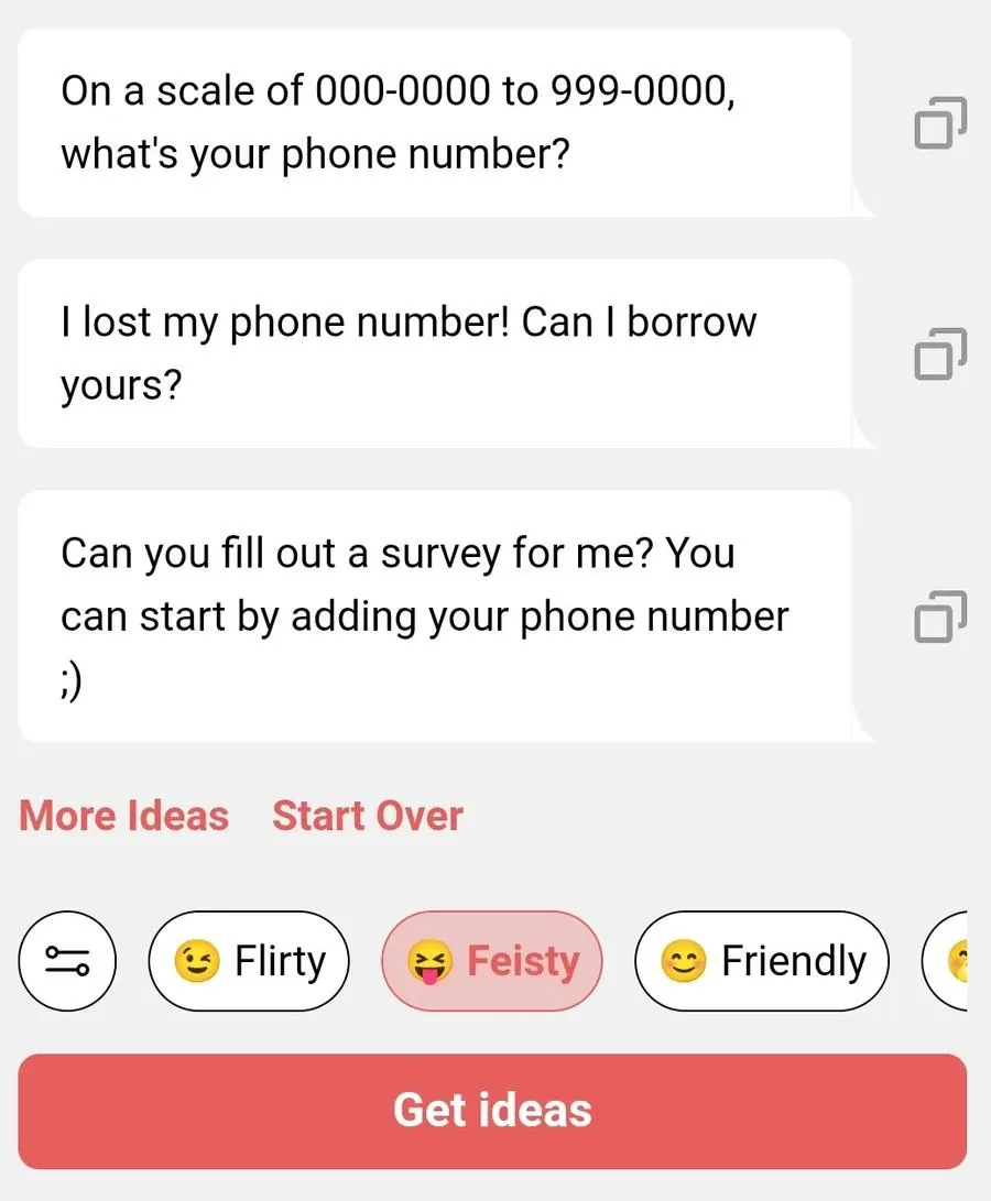 Screenshot of YourMove AI's Chat Assistant showing three rizz lines based on the topic "phone number"