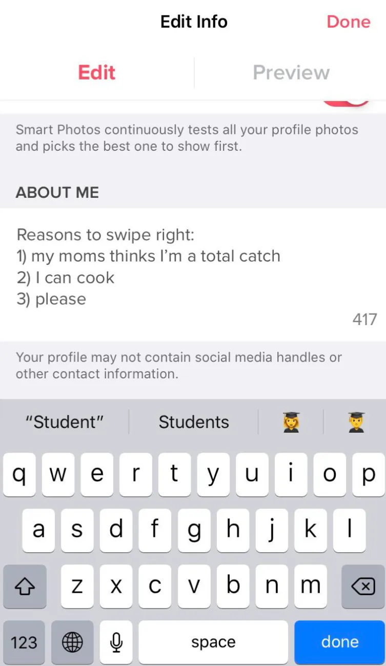 Die lustige Bio eines Tinder-Nutzers.