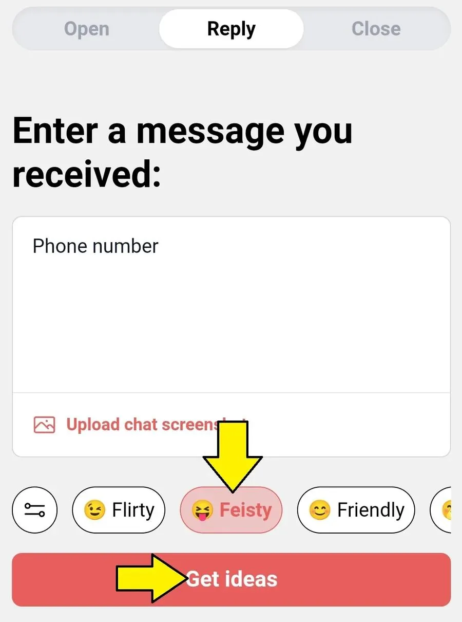 Screenshot of YourMove AI's Chat Assistant highlighting the Feisty and Get Ideas buttons