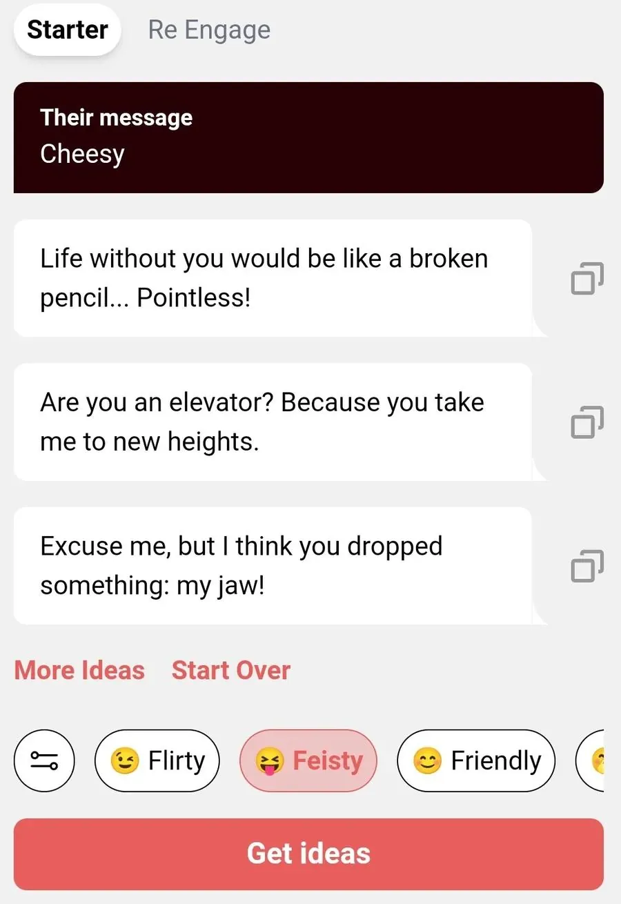 Captura de pantalla del Chat Assistant de YourMove AI mostrando tres frases cursis para ligar generadas por la herramienta