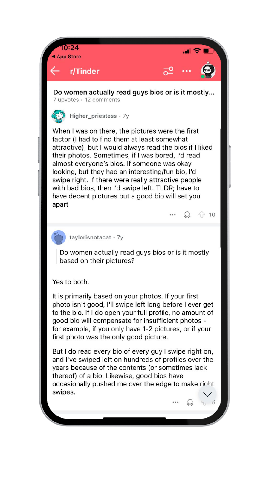 A screenshot showing two female Reddit users’ testimonials on the importance of men’s Tinder bios