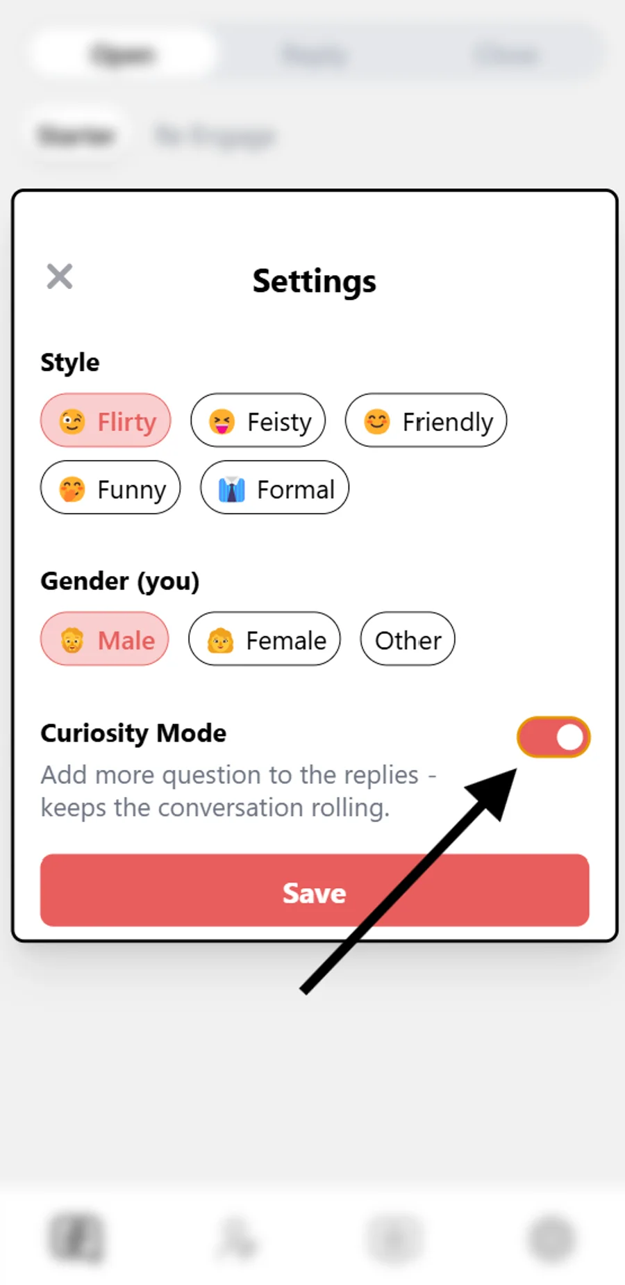 The screen shows how to turn on the chat assistant tool’s curiosity mode.