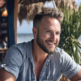 Ein bärtiger Mann in einem blauen Hemd sitzt lächelnd an einem Tisch und ist bereit für sein Coffee Meets Bagel-Profilfoto