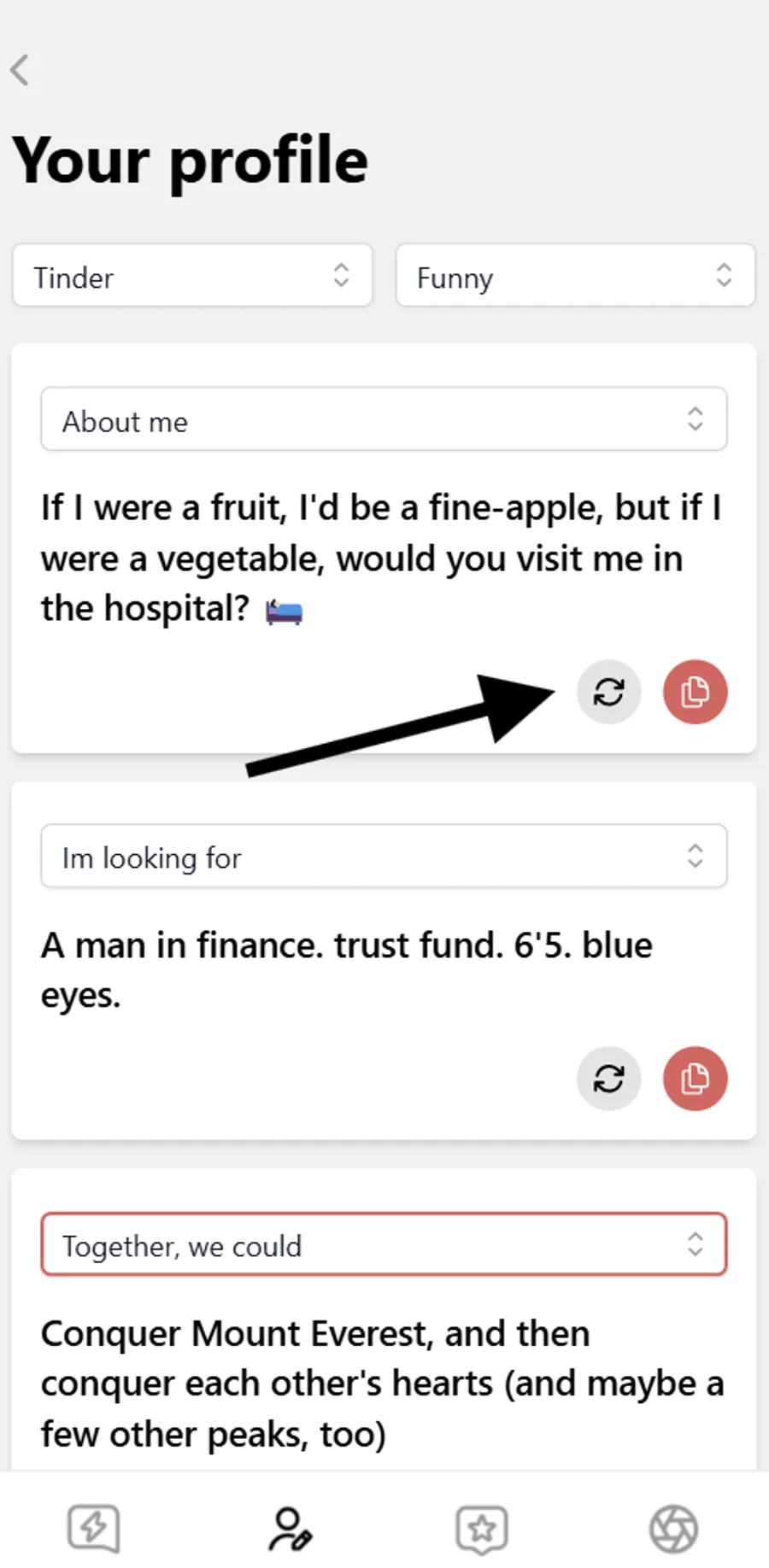 YourMove AI’s bio writer tool’s interface with suggestions for funny Tinder bios.