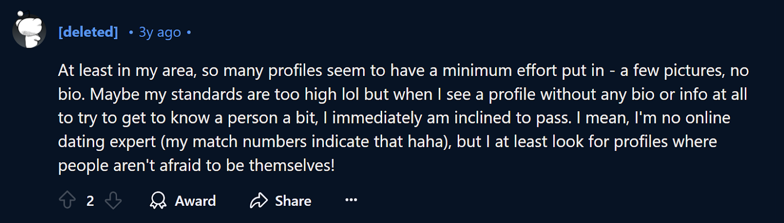 A Reddit user’s preference for high-effort and authentic bios on women’s Tinder profiles.