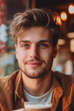 Ein junger Mann lächelt hell und hält eine dampfende Tasse Kaffee in der Hand auf einem lebendigen, KI-gestützten Profilfoto der Dating-App.