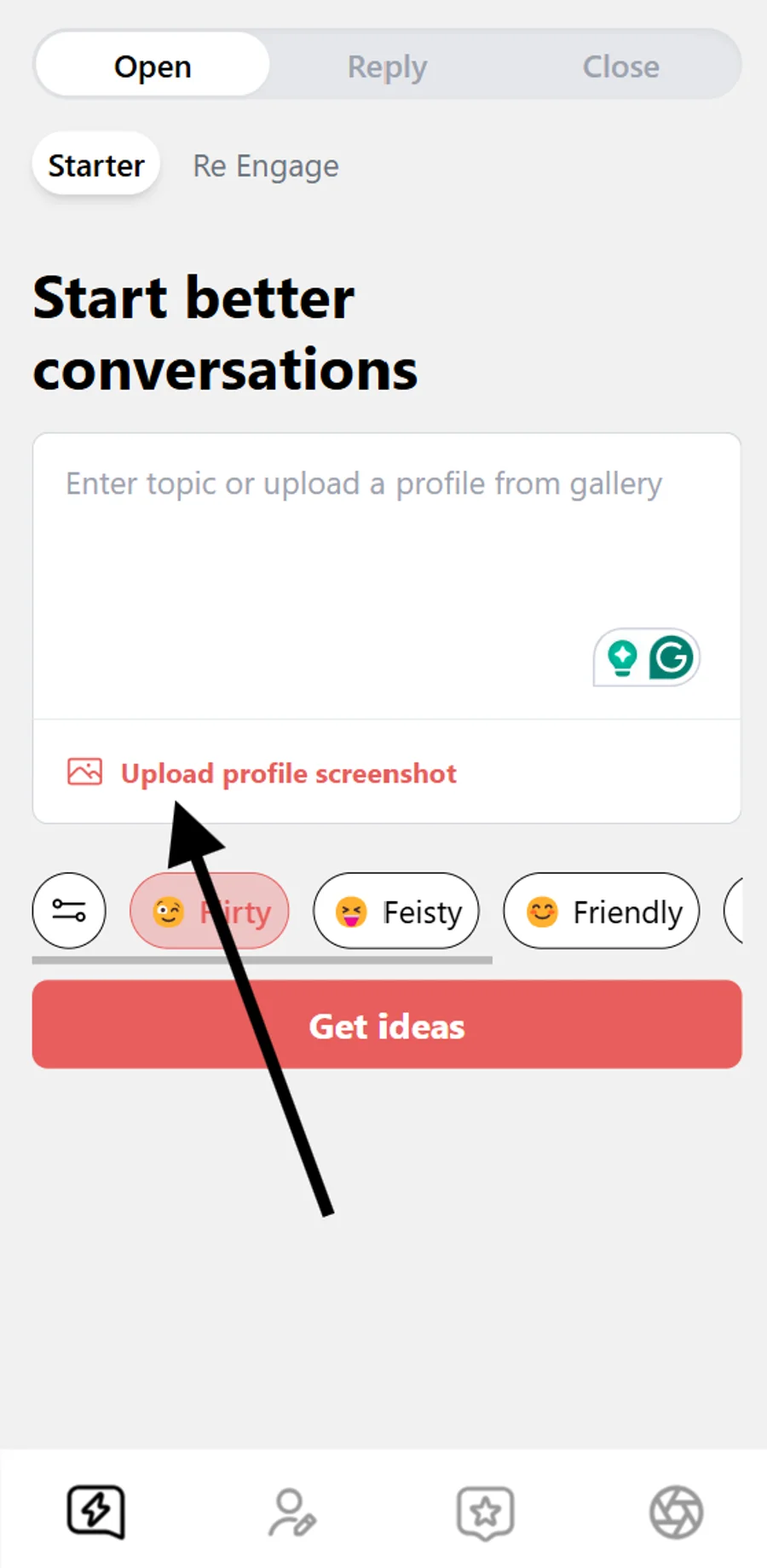 A screen showing where to upload a screenshot of your match’s dating profile for customized questions.