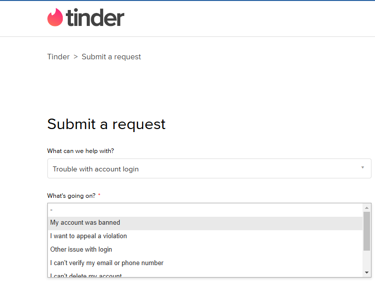How to appeal a Tinder ban on Tinder support page