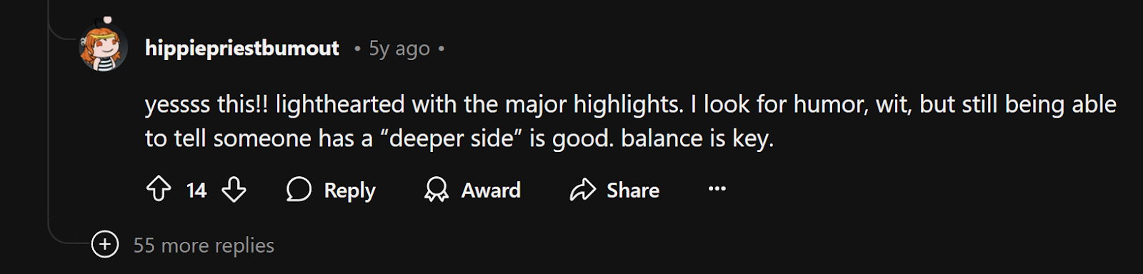 A Reddit user’s preference for funny and witty bios on men’s Tinder profiles.