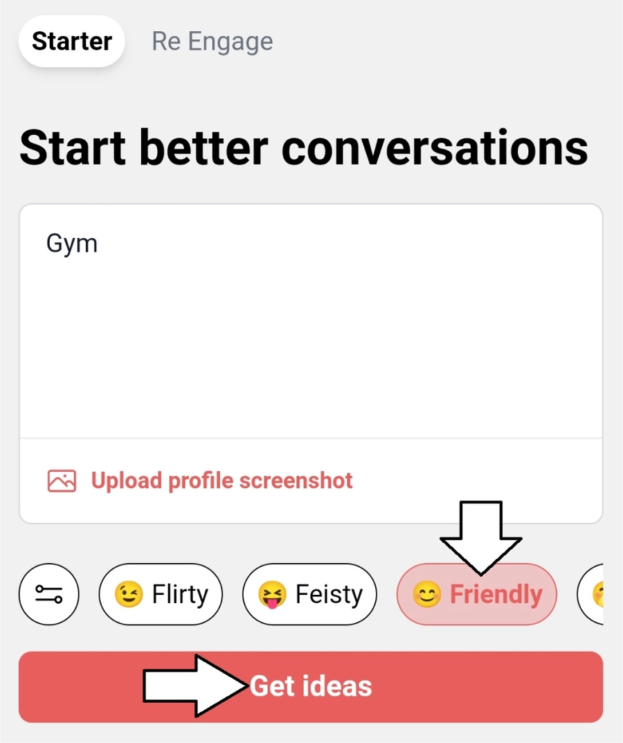 Screenshot showing how to generate gym pickup lines with YourMove AI's chat assistant