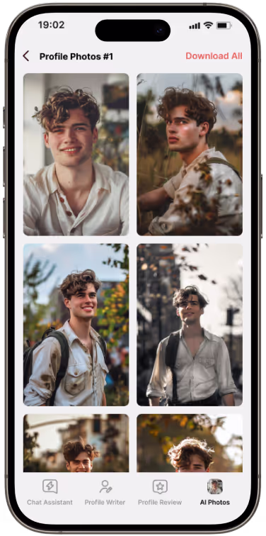 Eine Reihe verbesserter Fotos eines Mannes in einem Dating-App-Profil, die auf einem iPhone-Bildschirm von yourmove.ai aus angezeigt werden.