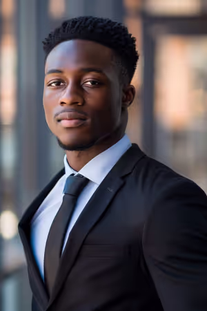 Ein stilvoller junger schwarzer Mann in Anzug und Krawatte, der seinen Charme in einem KI-gestützten Profilbild einer Dating-App zeigt.