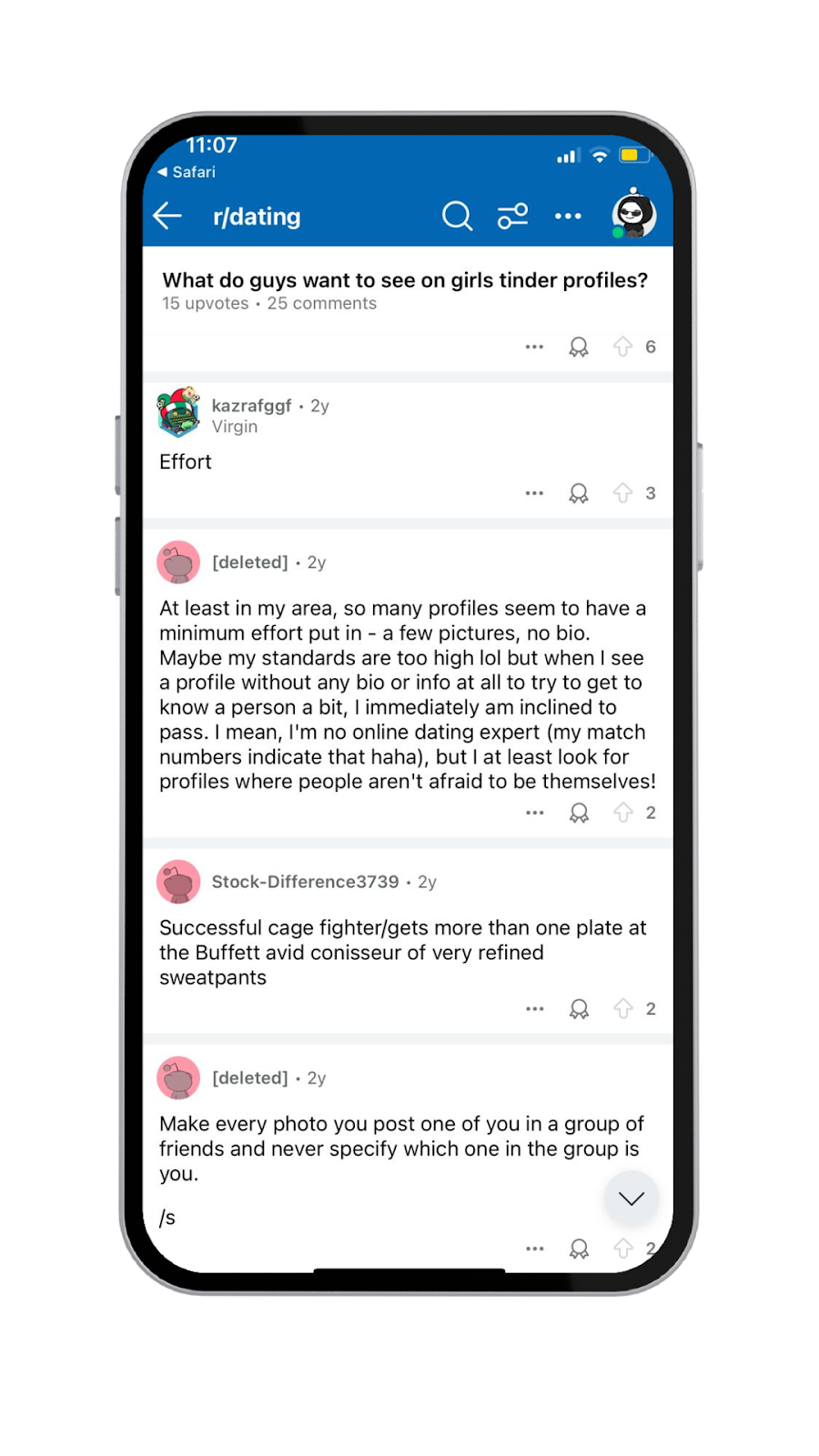 A screenshot showing a male Reddit user’s testimonial on the importance of women’s Tinder bios