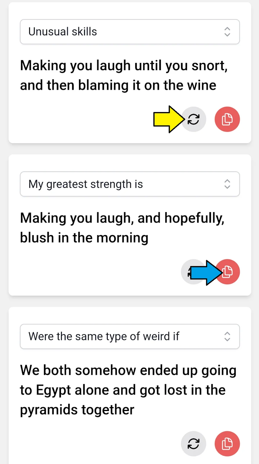 Screenshot of YourMove AI's Profile Writer interface showing three suggested replies to popular Hinge prompts