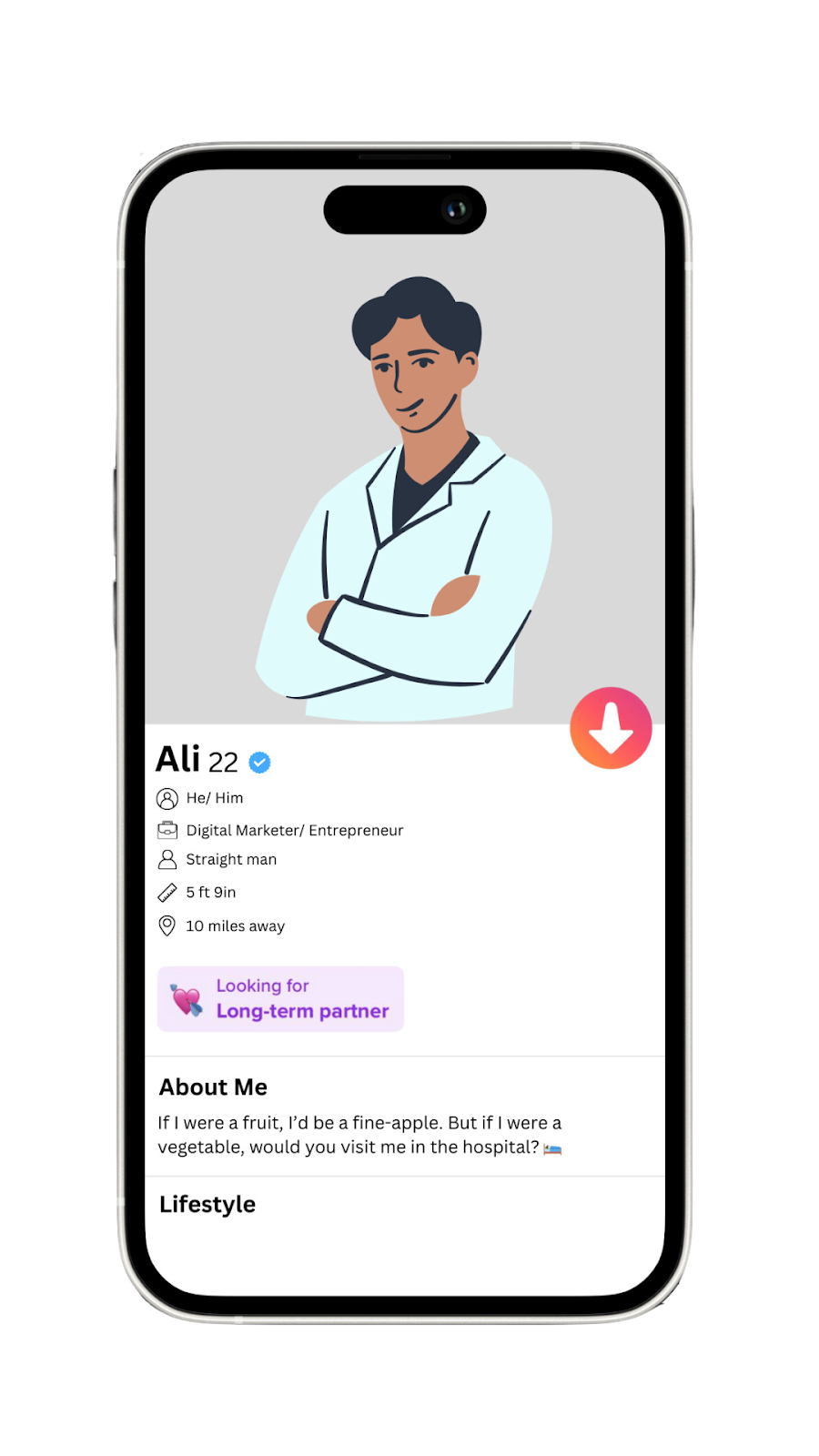 A mockup of a guy’s Tinder profile with a bio to attract a long-term partner.