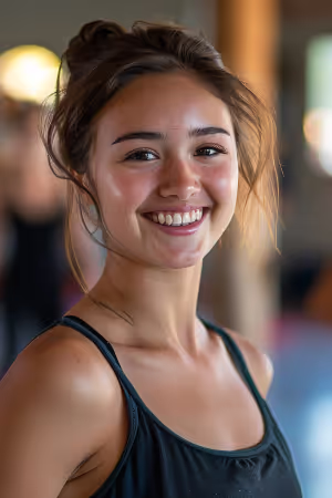 Eine fröhliche Frau in einem Fitnessstudio, die in ihrem KI-gestützten Profilbild der Dating-App Positivität ausstrahlt.