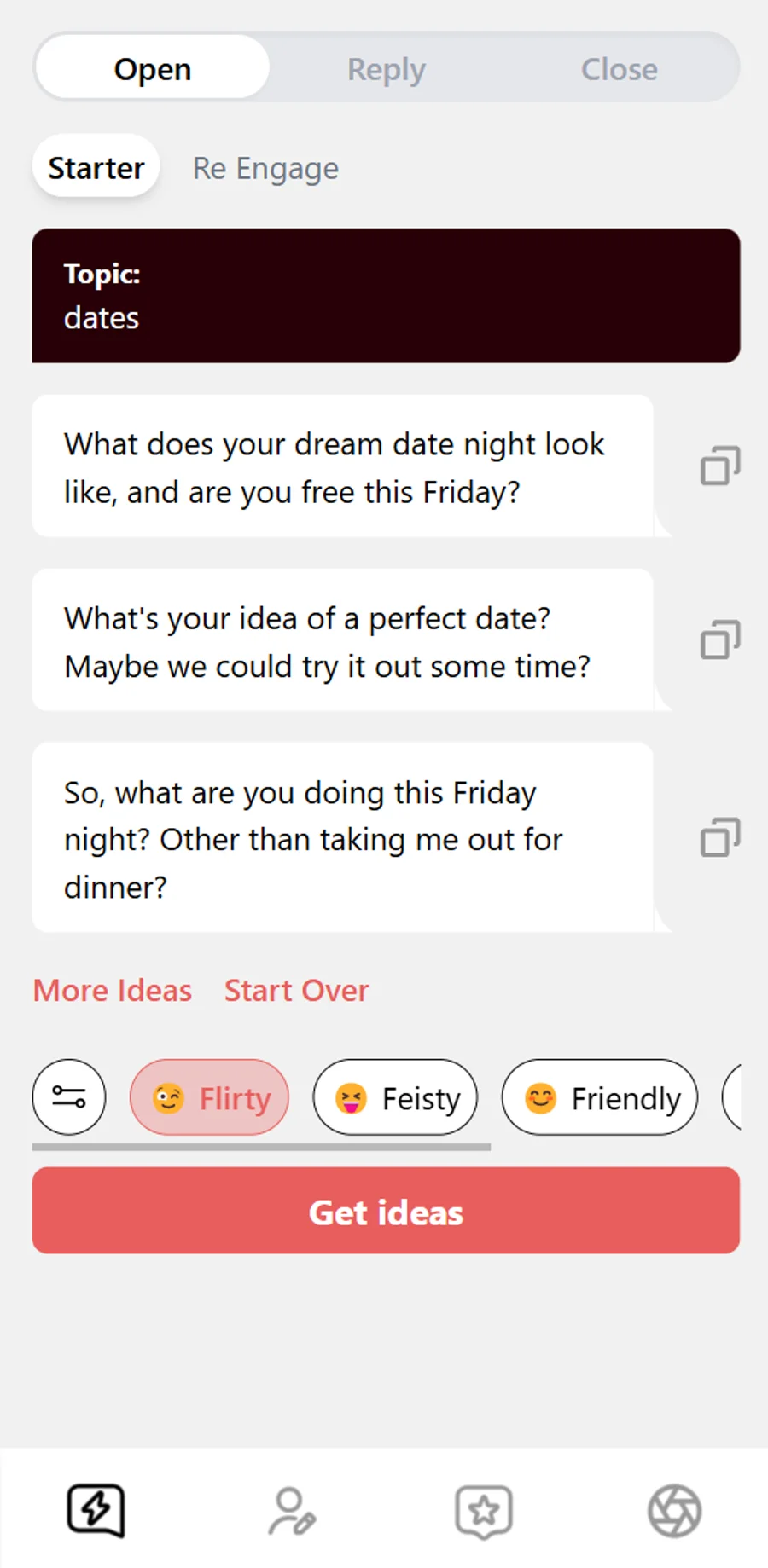 A screen of flirty questions generated by YourMove AI’s free chat assistant tool.