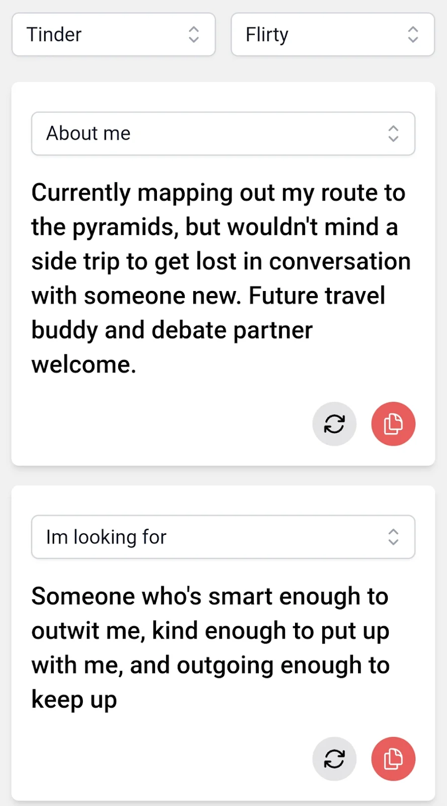 Screenshot of YourMove AI's Profile Writer interface showing suggestions for creating or optimizing a Tinder bio