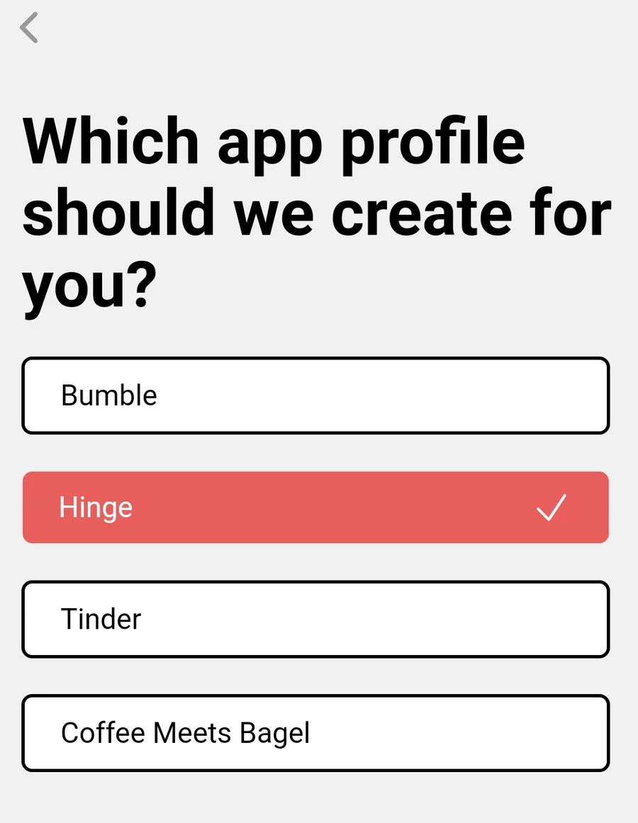 Screenshot of YourMove AI's Profile Writer interface with the question "Which app profile should we create for you?"