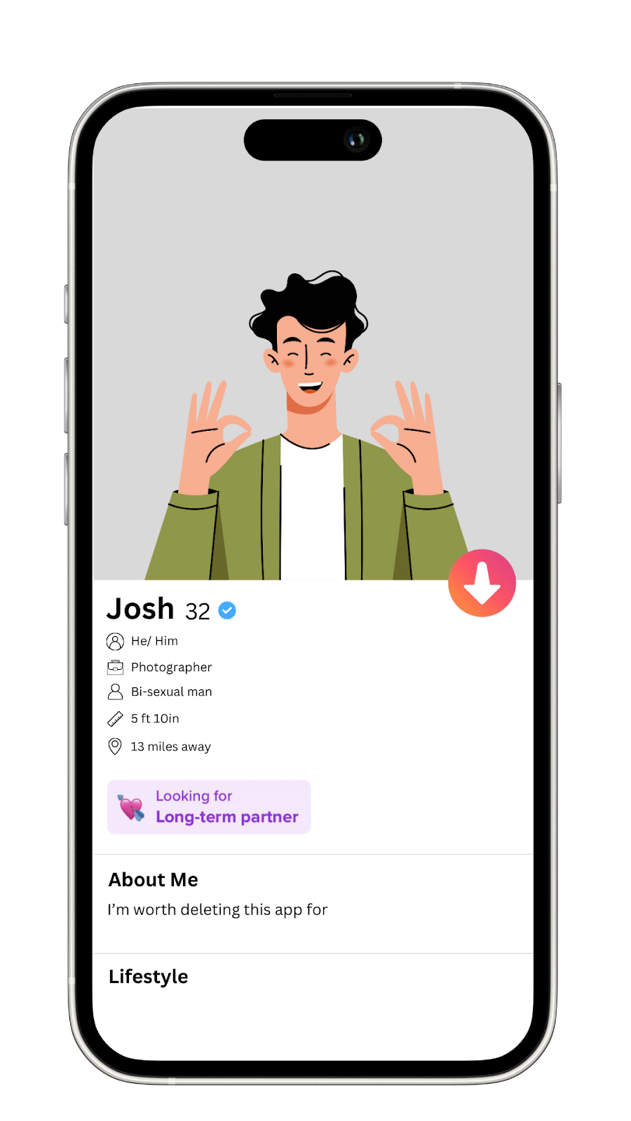 A Tinder profile mockup with a flirty bio to attract long-term partners.