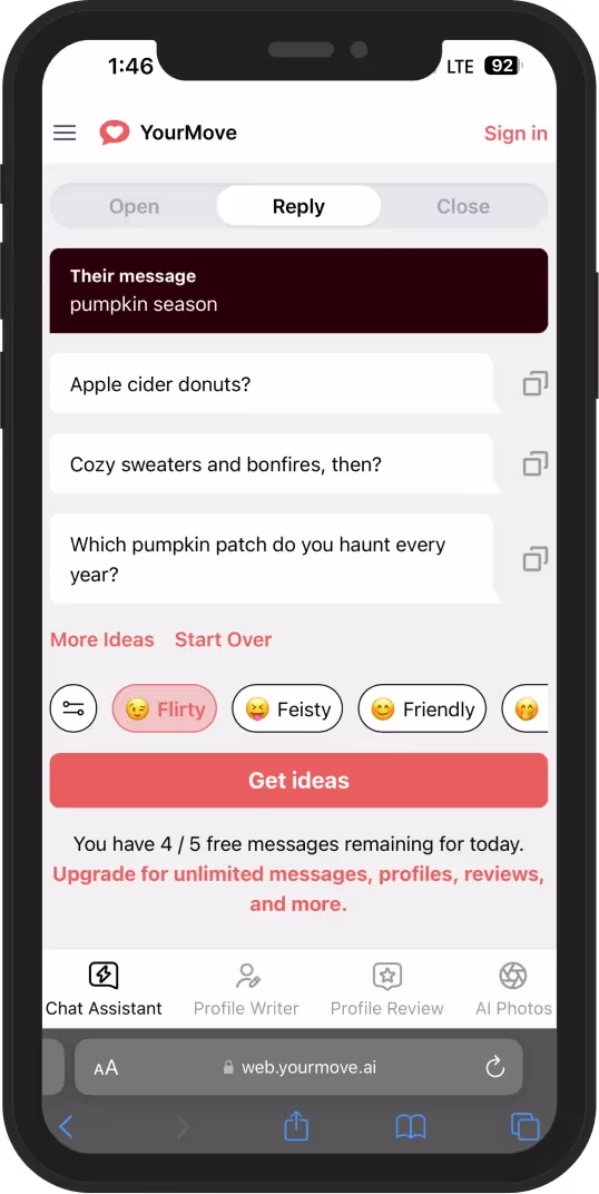 Captura de pantalla del asistente de chat con IA de YourMove 