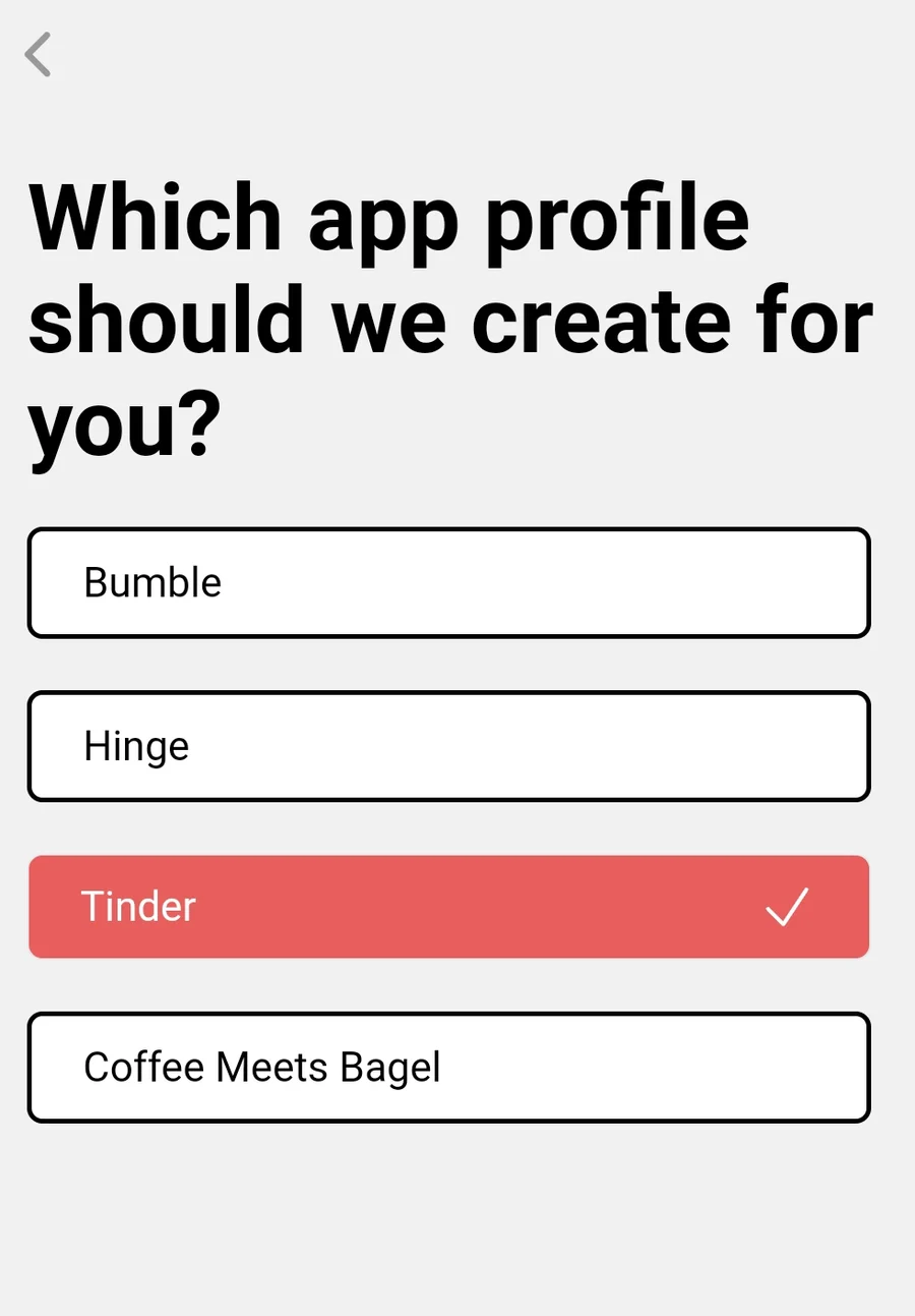 Screenshot of YourMove AI's Profile Writer interface showing the available dating app options