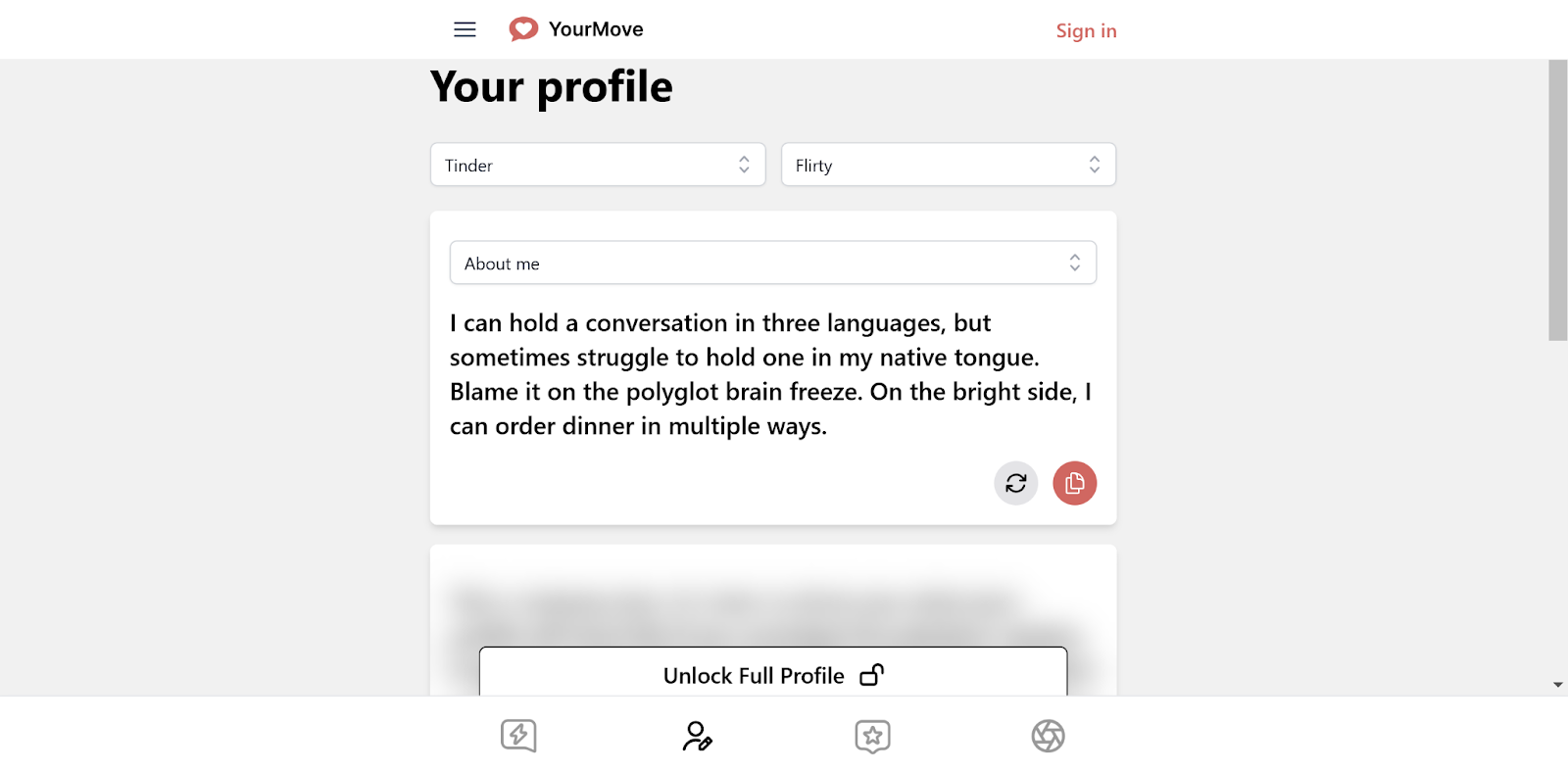 A fully optimized, custom Tinder bio generated by Your Move AI’s bio writer tool.