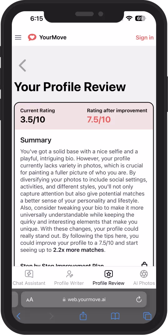 Screenshot der KI-Profilüberprüfung von YourMove