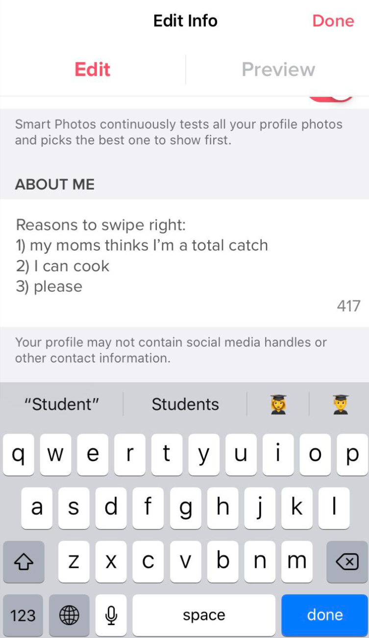 A Tinder user’s funny bio.