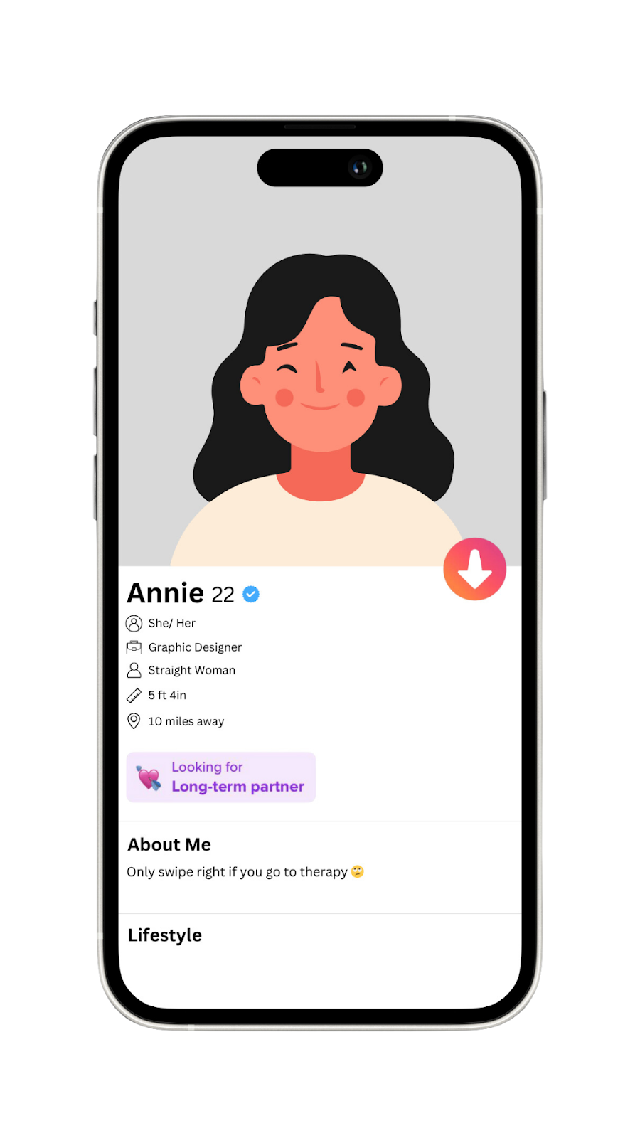 A Tinder profile mockup with a funny and witty bio to attract serious matches.