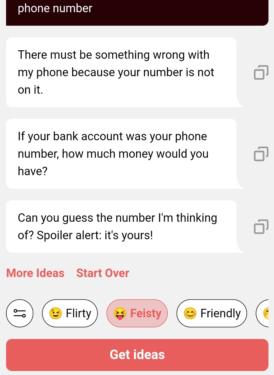 Screenshot of YourMove AI's Chat Assistant showing three suggested Tinder opening lines