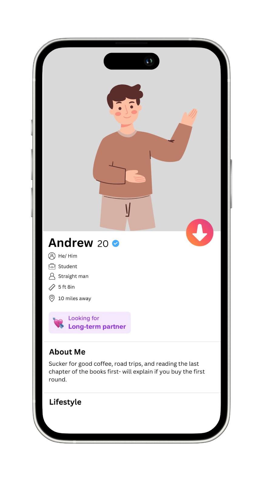 A Tinder profile mockup with an interest-based bio to attract long-term partners.