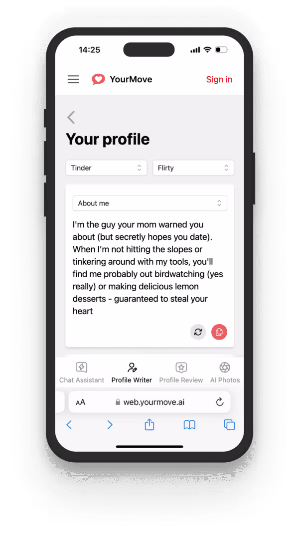 Screenshot of YourMove’s AI Profile Writer