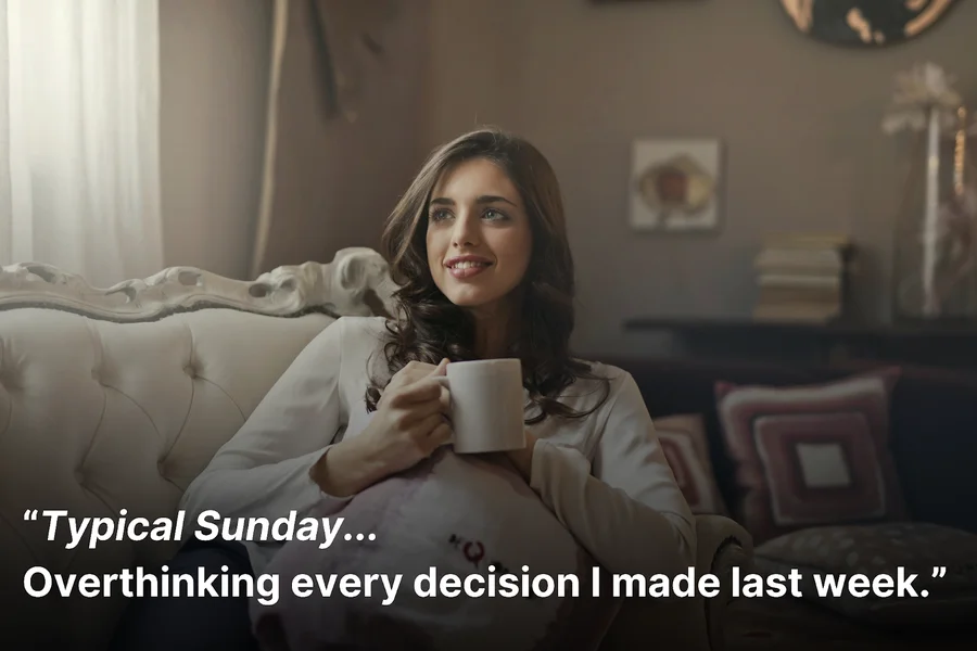 Woman enjoying a Sunday coffee on her couch