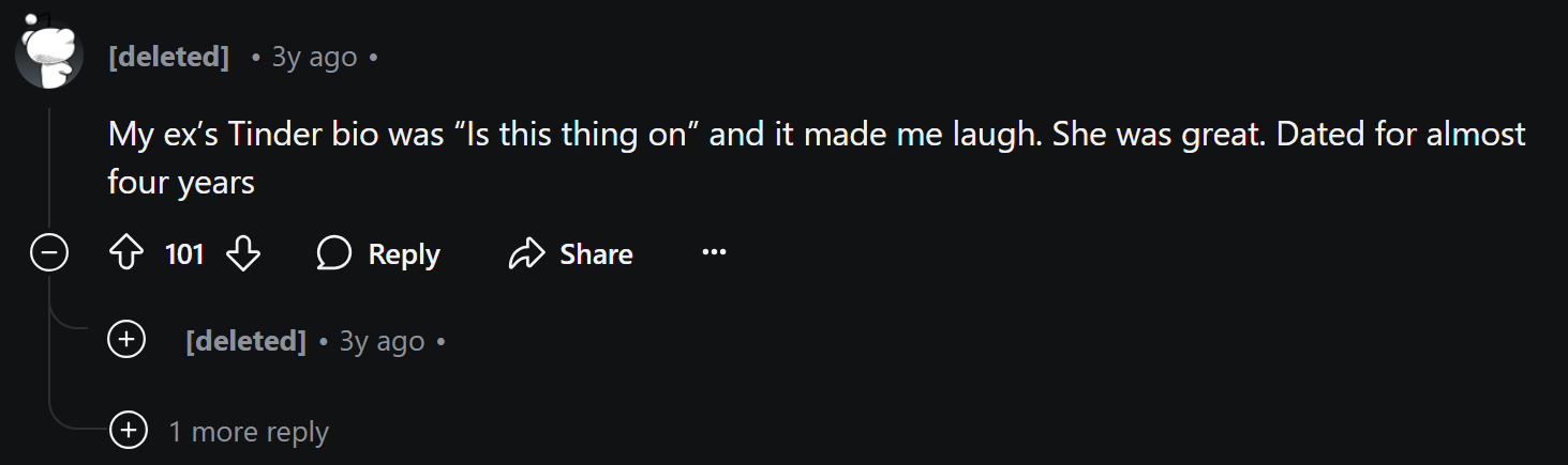 A Reddit user sharing a funny Tinder bio they came across.