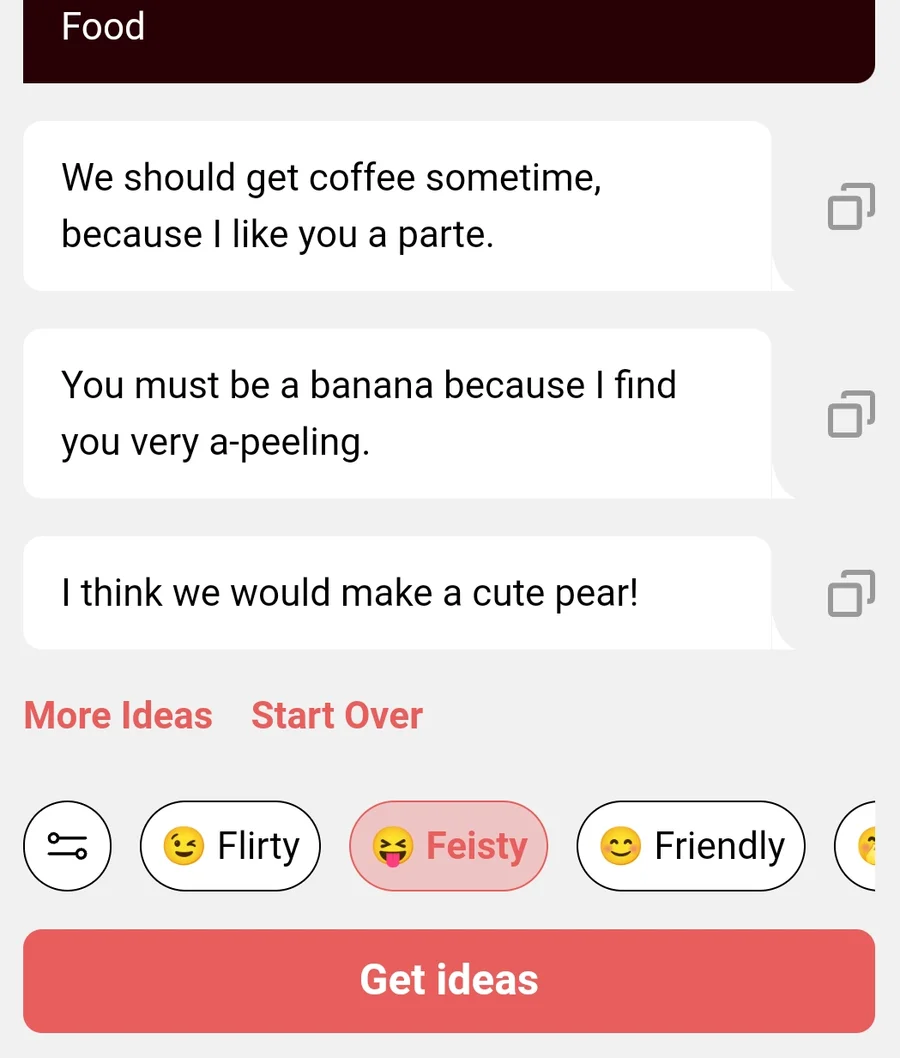 Screenshot of YourMove AI's Chat Assistant showing three generated pick up lines