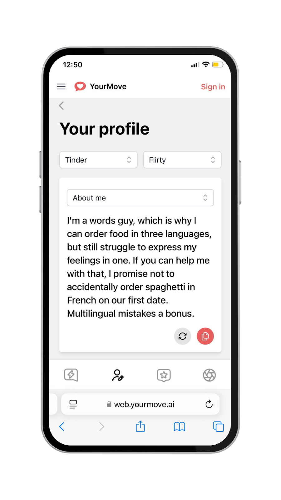 A screenshot of the user-interface of YourMove AI’s free Tinder bio generator tool.