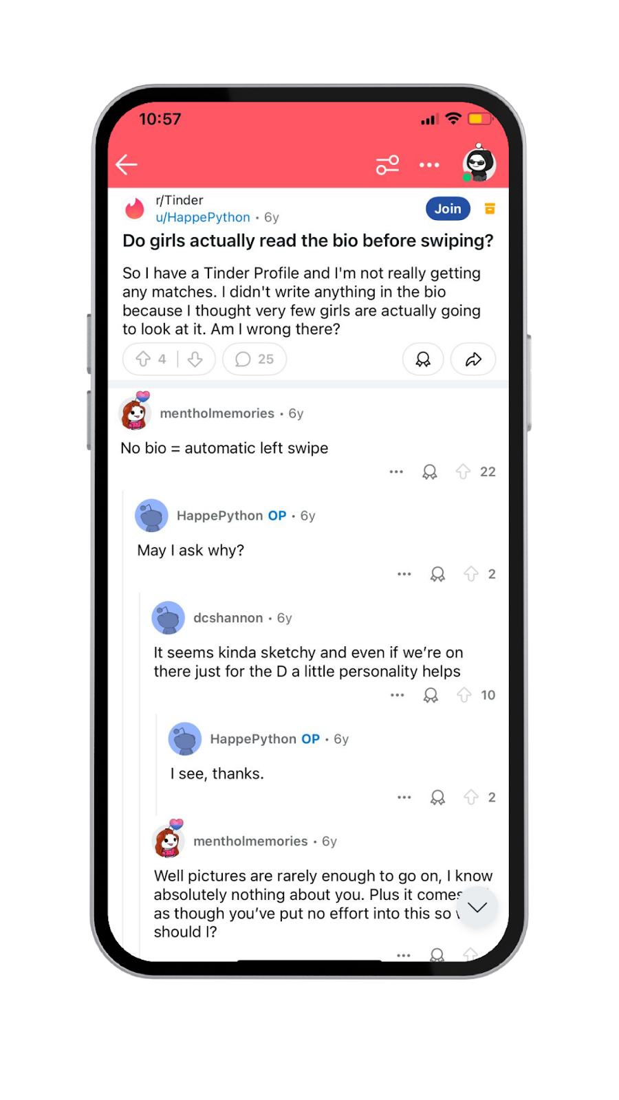 A screenshot showing a female Reddit user’s testimonial on the importance of men’s Tinder bios